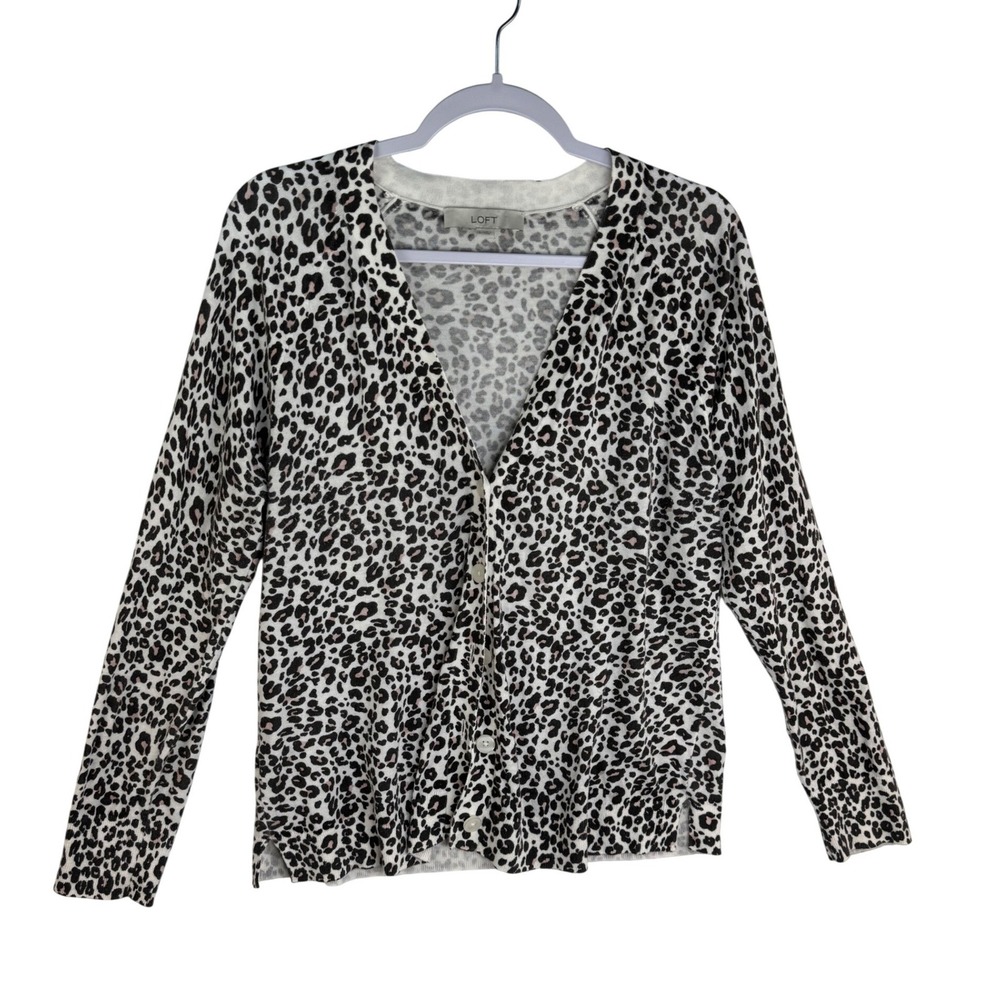LOFT Womens Large Leopard Print Cardigan Cotton V-Neck Button Front Sweater L